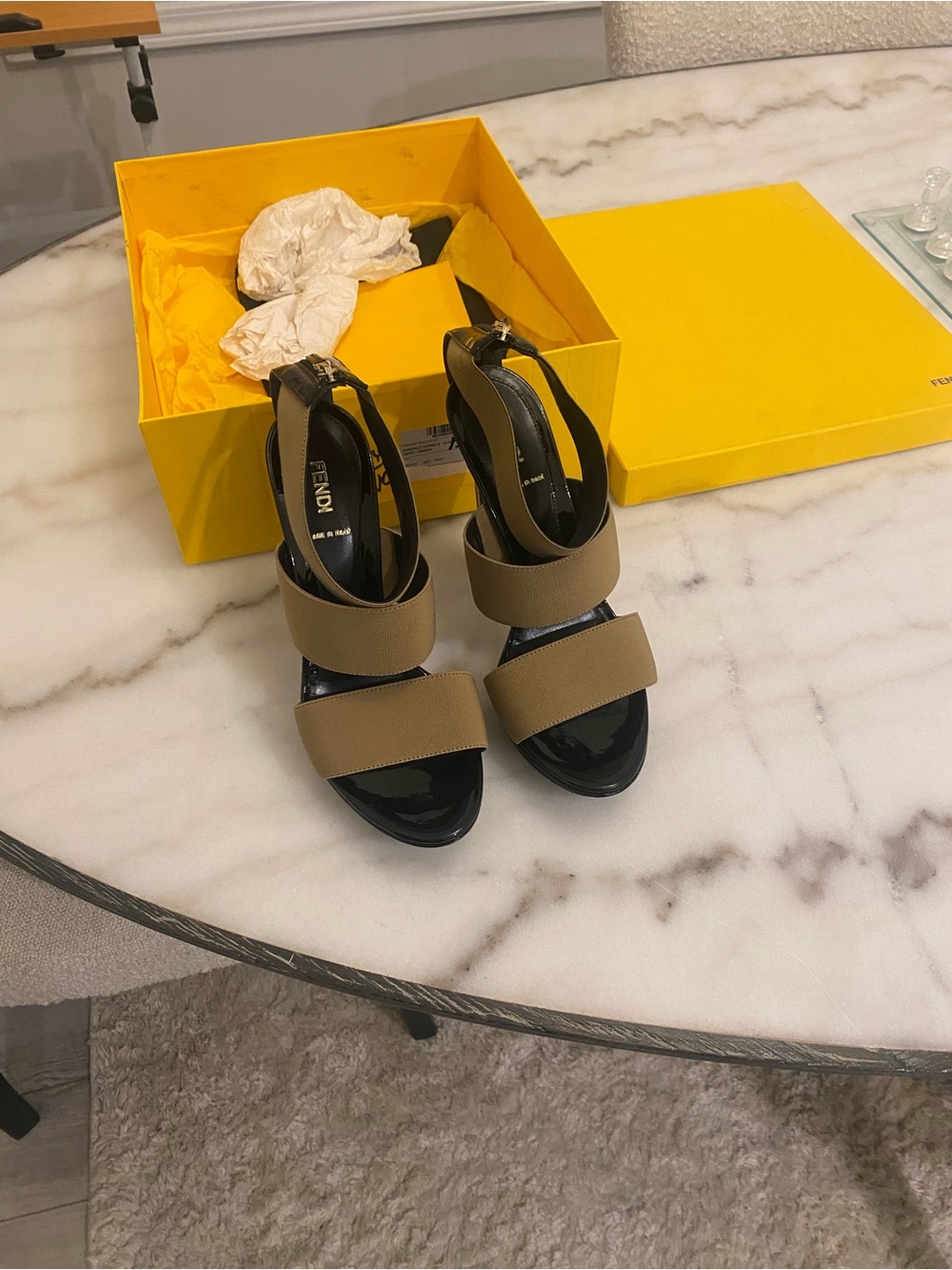Fendi Black Patent & Tan Strap High-Heel Sandals